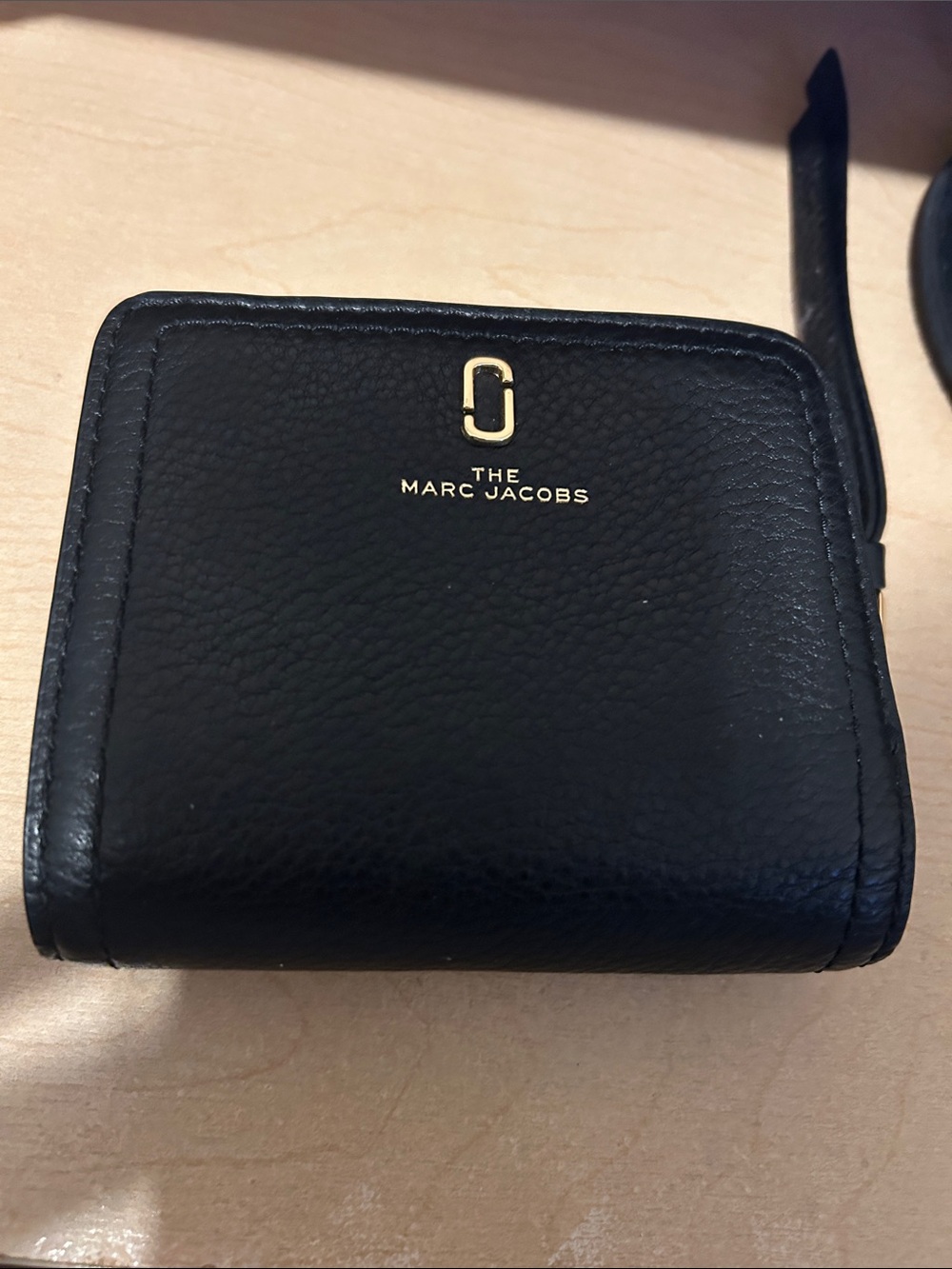 Marc Jacobs Black Leather Compact Zip Wallet with Gold Hardware